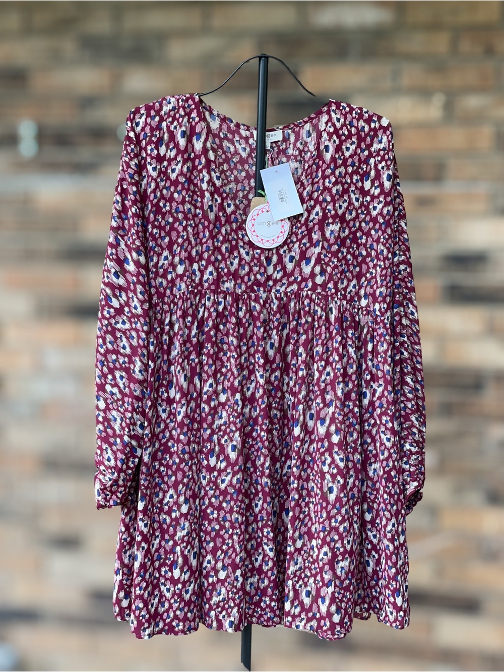 Umgee NWT Large Burgundy Floral Babydoll Long Sleeve Dress